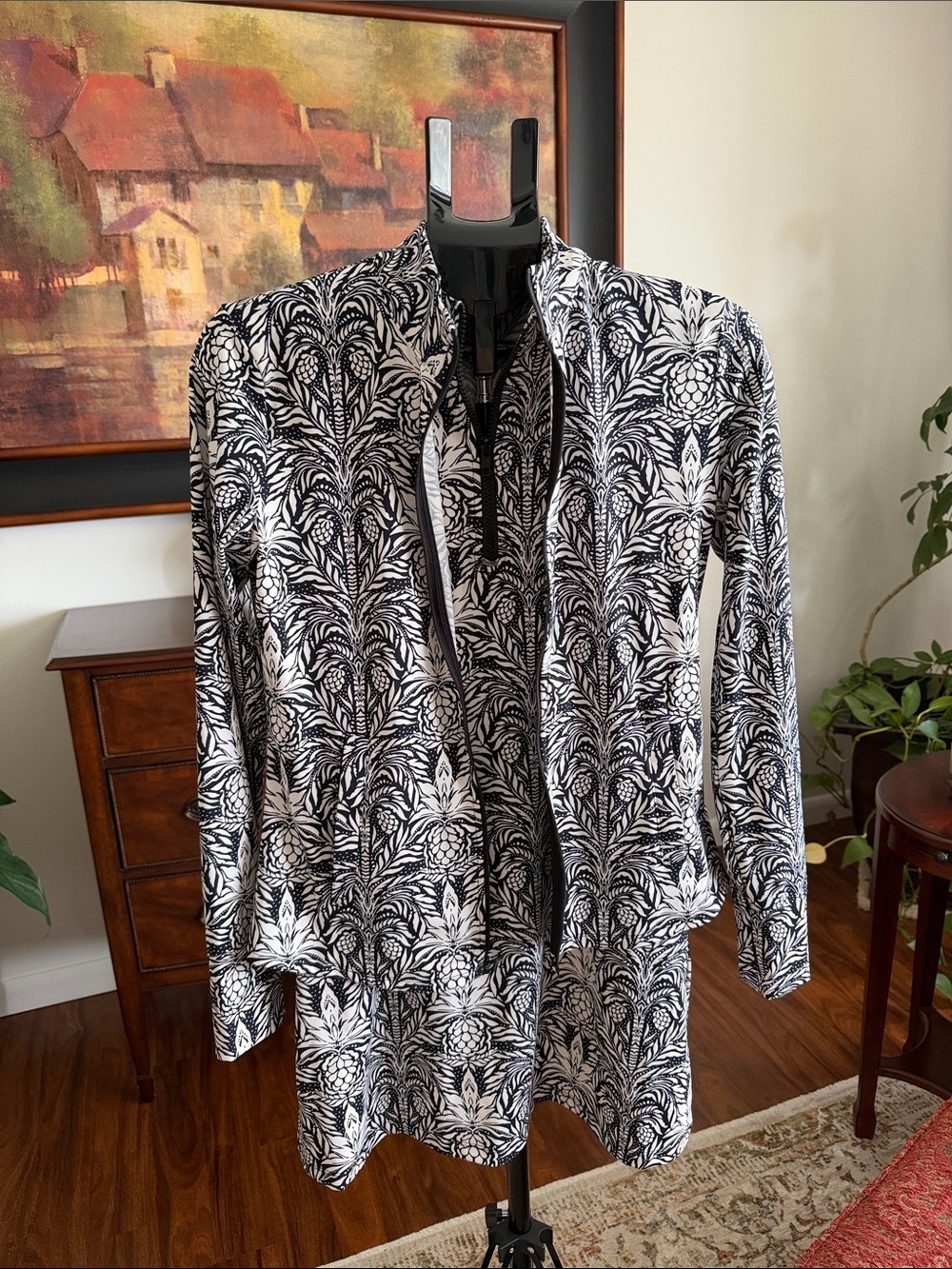 Tommy Bahama Black and White Sleeveless Floral-Print A-Line Dress